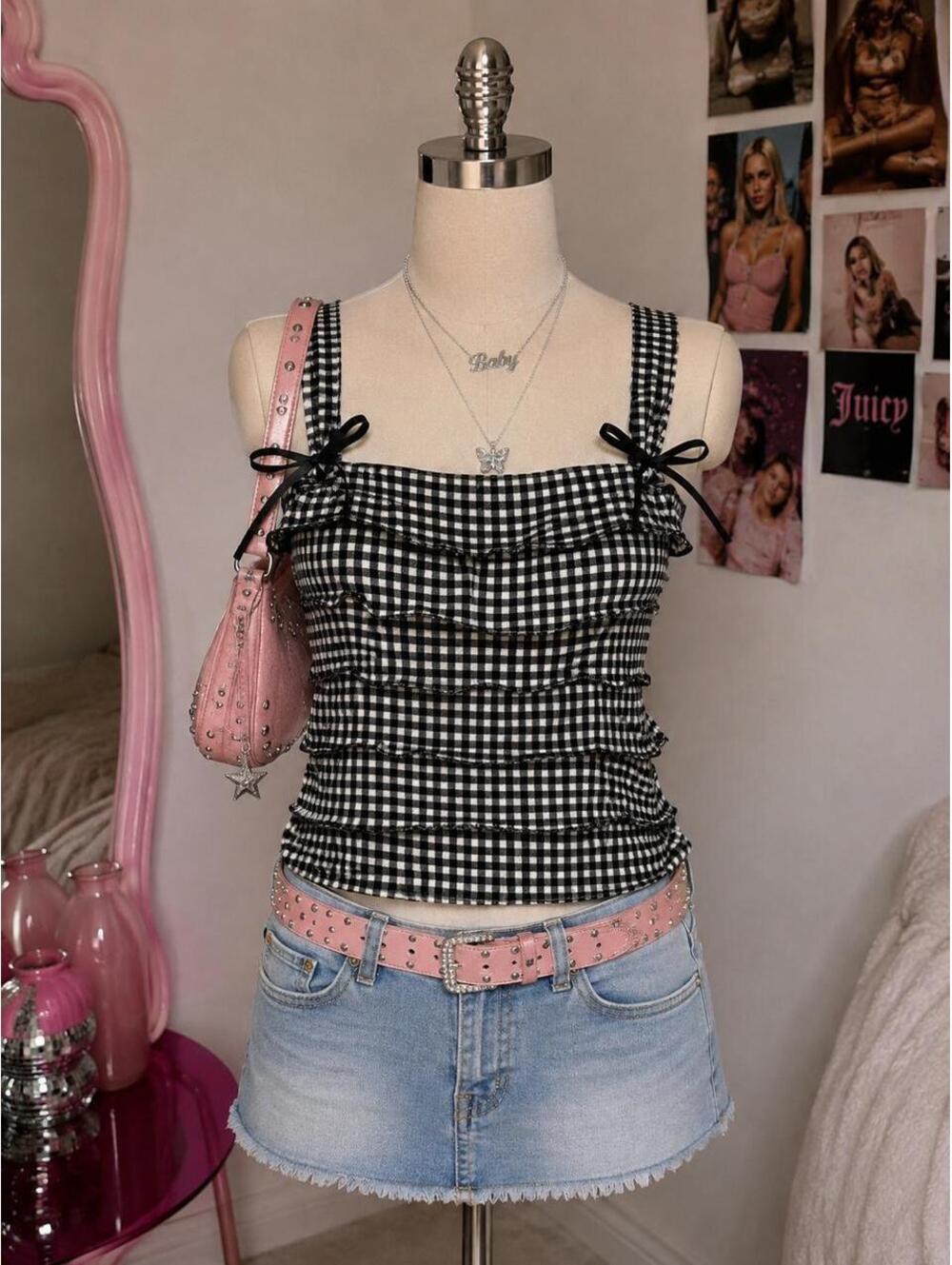 Black White Gingham Tiered Cami Top | Y2K Cottagecore